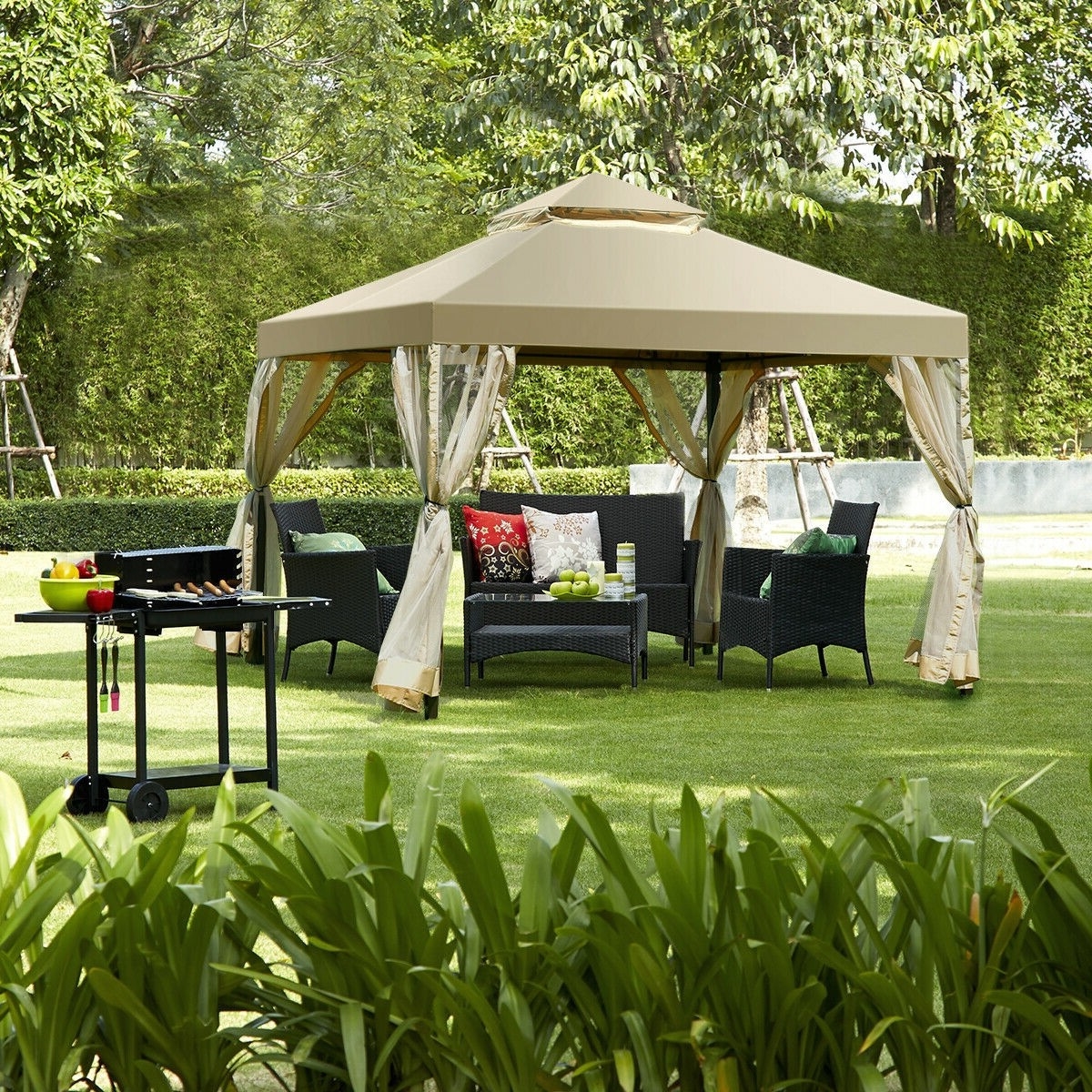 FaFurn - Gazebo with Canopy and Mesh Side Walls in Tan Brown, Metal/Polyester