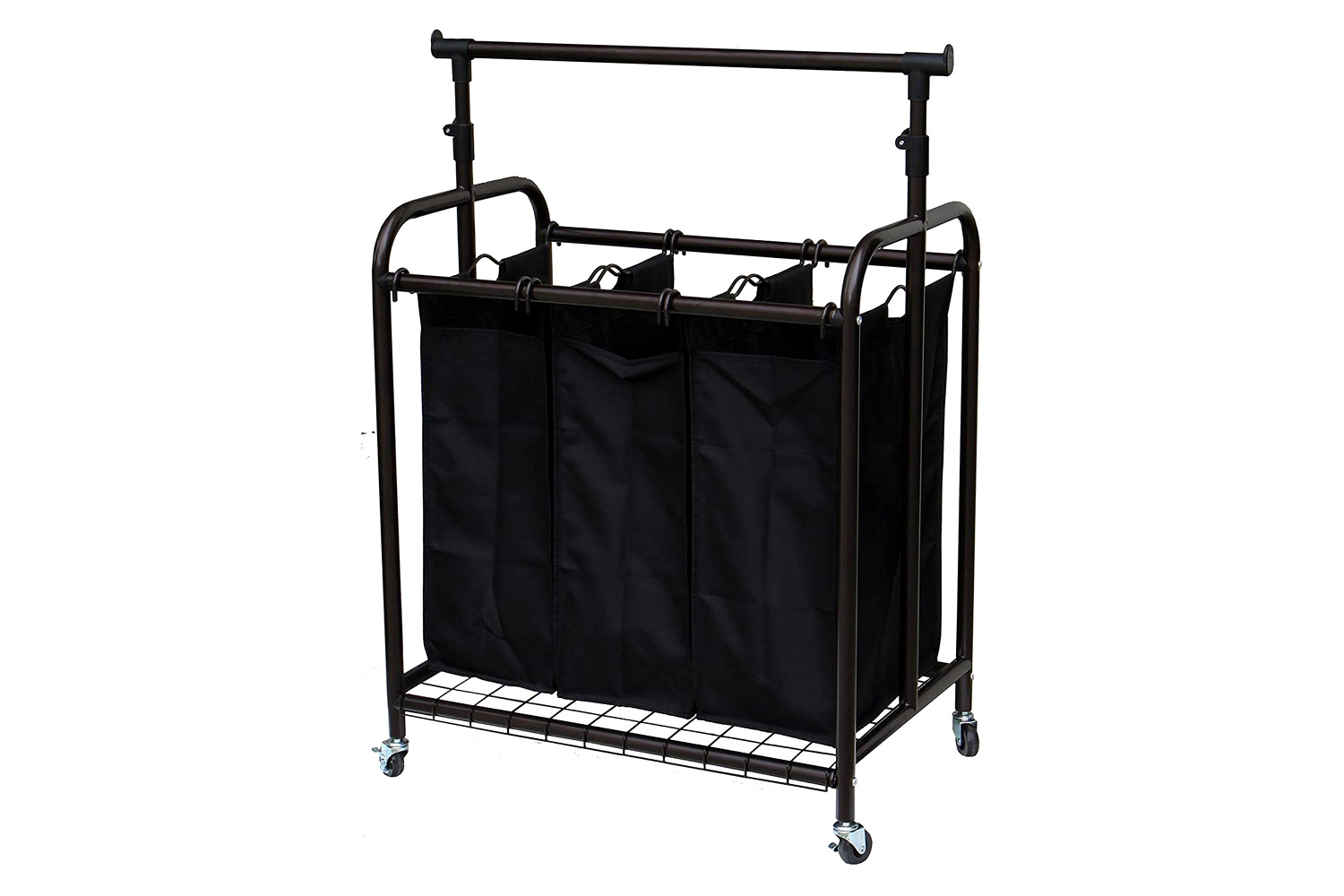 FaFurn - Bronze Black 3-Bag Laundry Sorter Hamper with Adjustable Clothes Hanging Bar