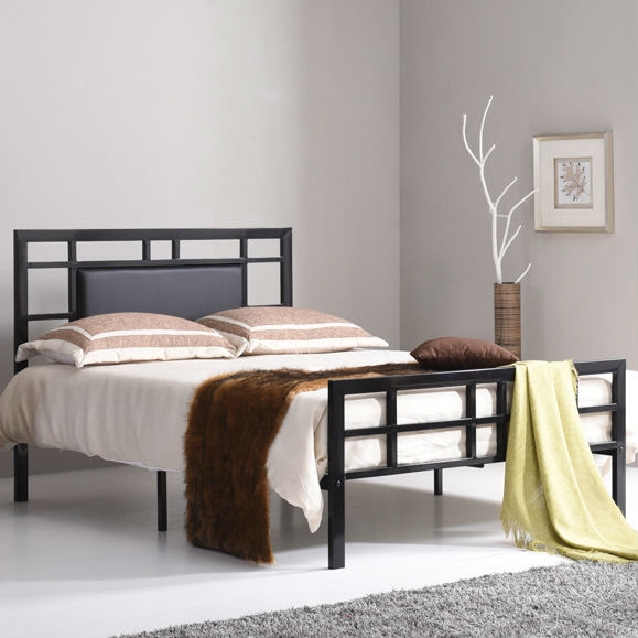 FaFurn - Full Size Platform Bed Frame with Black Upholstered Headboard in Black, Metal