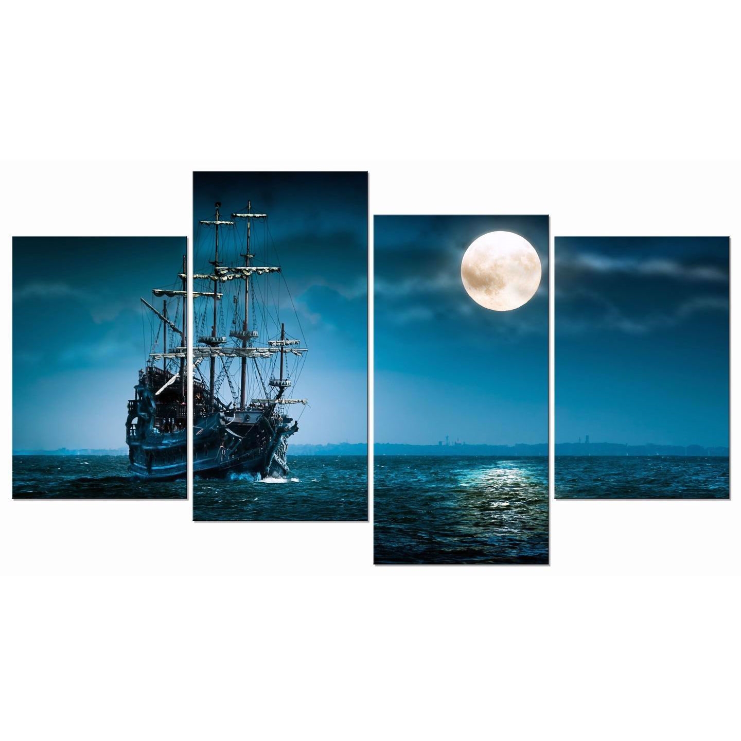 FaFurn - 4-Panel Wall Art Painting Print in Full Moon Ocean Ship