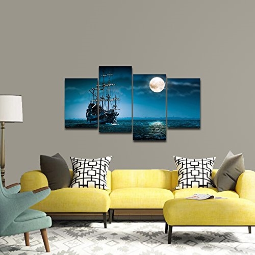 FaFurn - 4-Panel Wall Art Painting Print in Full Moon Ocean Ship