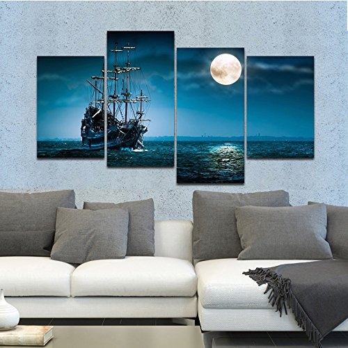 FaFurn - 4-Panel Wall Art Painting Print in Full Moon Ocean Ship