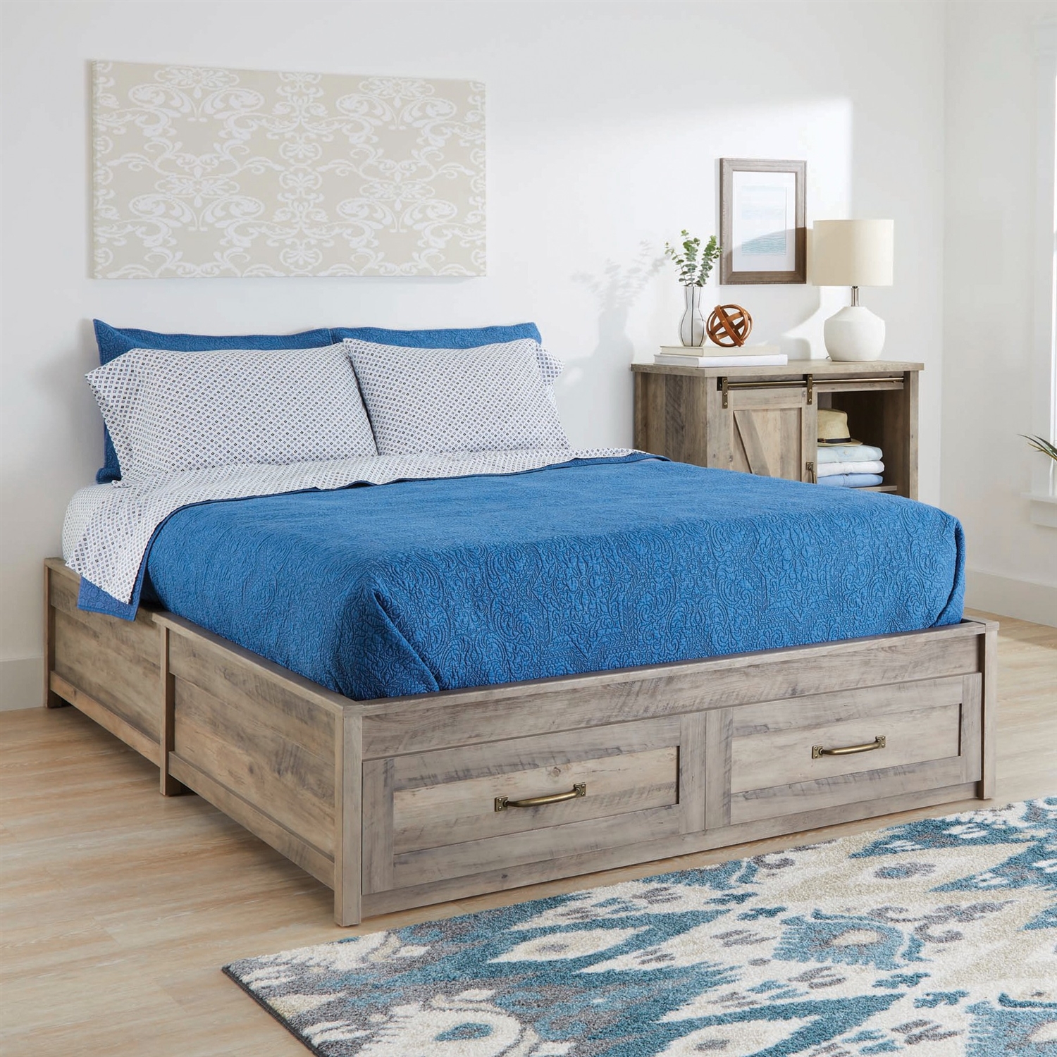 FaFurn Farmhouse Platform Bed with Storage Drawers - Gray, Wood