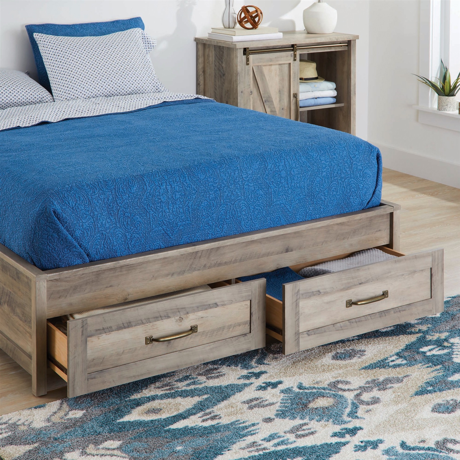 FaFurn Farmhouse Platform Bed with Storage Drawers - Gray, Wood