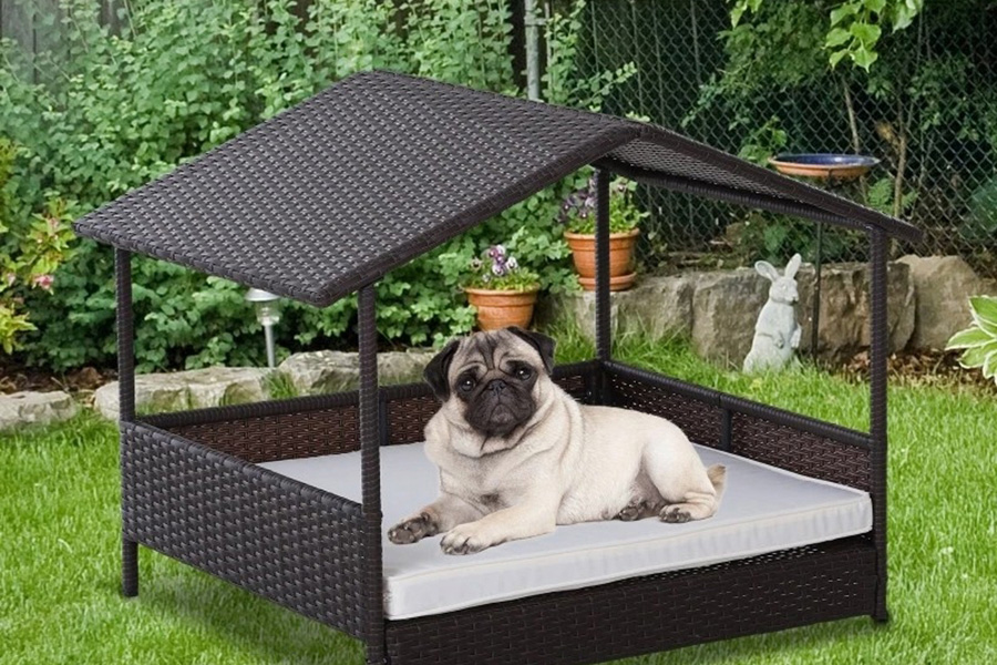 FaFurn - Espresso Wicker Weather Resistant Raised Dog Bed House with 2 in Thick Cushion