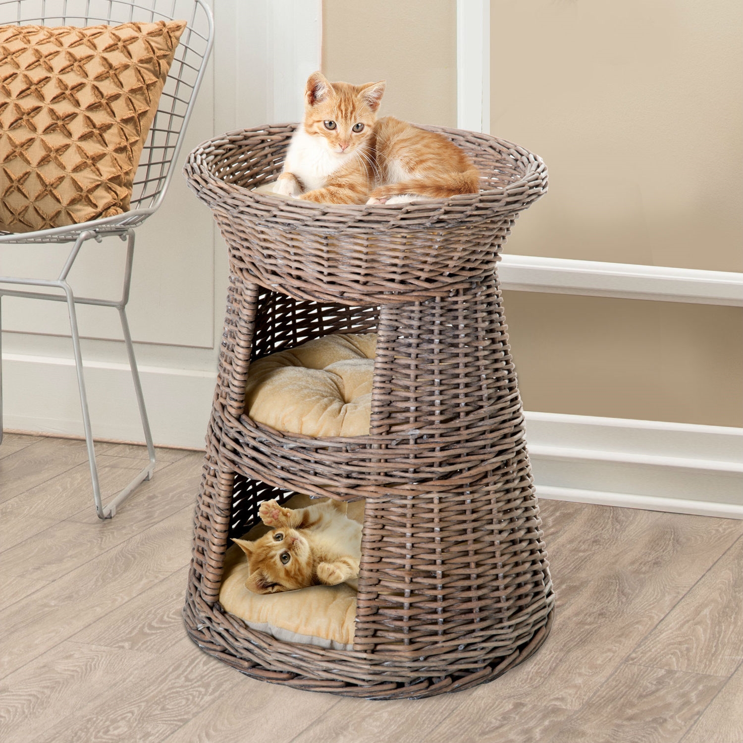 FaFurn - 3-Tier Eco Friendly Wicker Cat Bed in Beige, Rattan