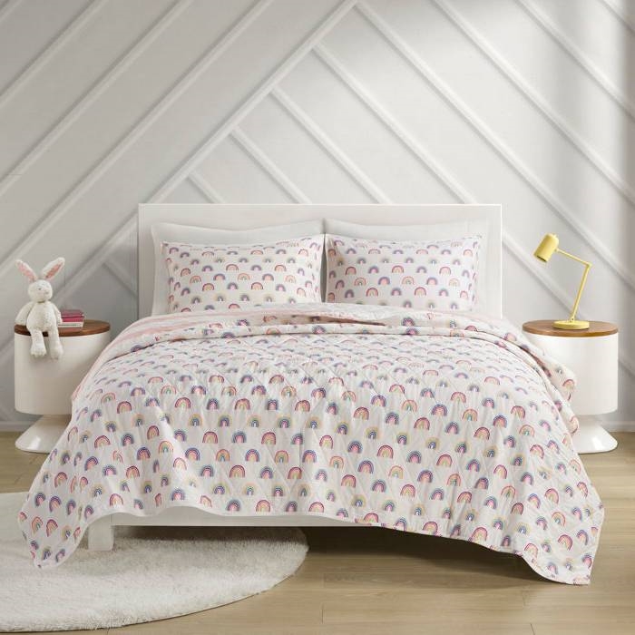 FaFurn 3-Piece Full/Queen Size Reversible Quilt Set - Pink/White, Cotton