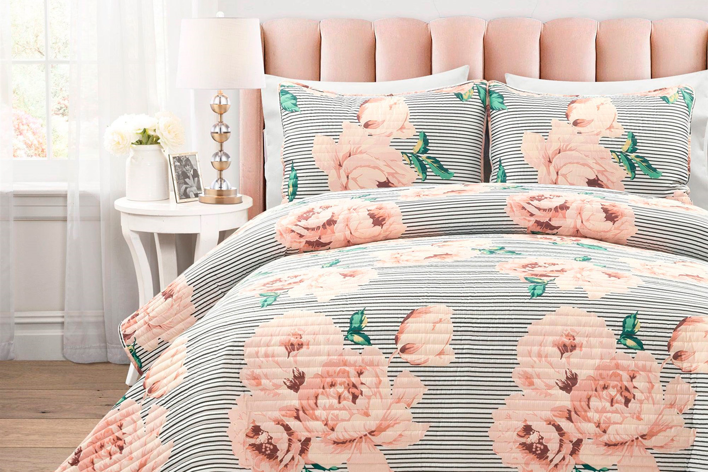 FaFurn - 3-Piece Reversible Striped Floral Quilt Set