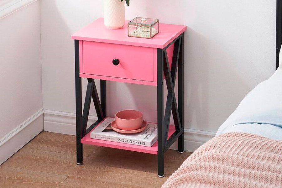 FaFurn™ Set of 2 Rustic End Table with 1 Drawer - Pink/Black, Metal/MDF