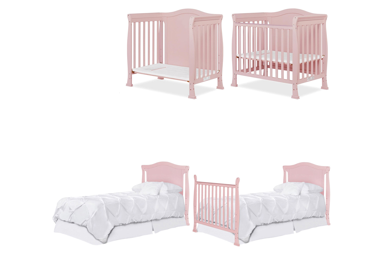 FaFurn Solid Pine Wood 3-In-1 Convertible Baby Crib Daybed Toddler Bed - Pink