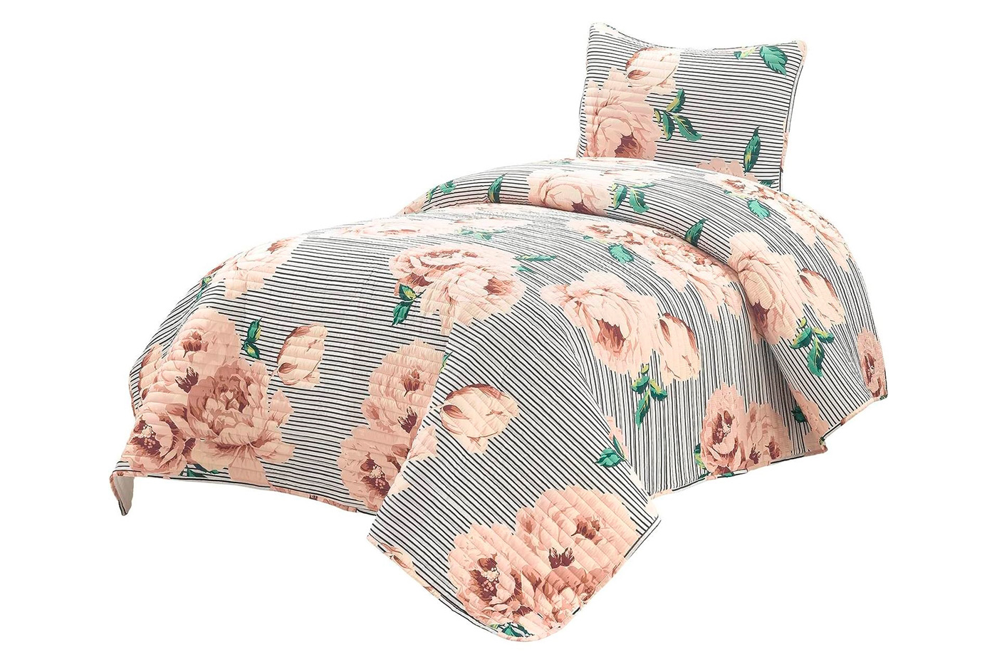 FaFurn - 3-Piece Reversible Striped Floral Quilt Set