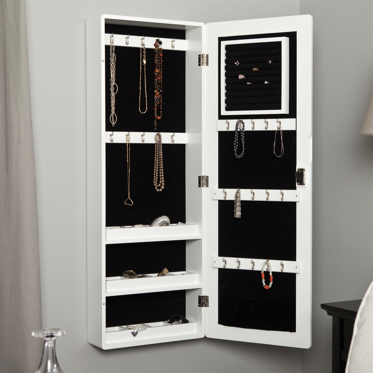 FaFurn - Jewelry Armoire Cabinet Mirror in Gloss White, Wood