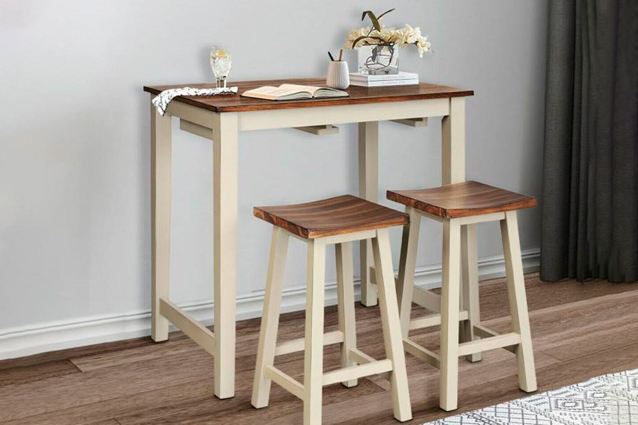 FaFurn - 3-Piece Farmhouse Kitchen Pub Table Set with 2 Saddle Bar Stools in White/Walnut, Wood/MDF