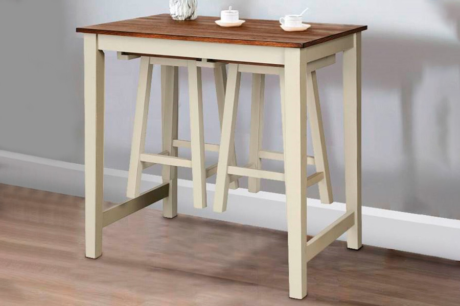 FaFurn - 3-Piece Farmhouse Kitchen Pub Table Set with 2 Saddle Bar Stools in White/Walnut, Wood/MDF