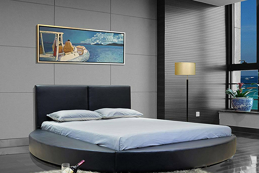 FaFurn - Queen Size Modern Round Platform Bed with Headboard in Black Faux Leather