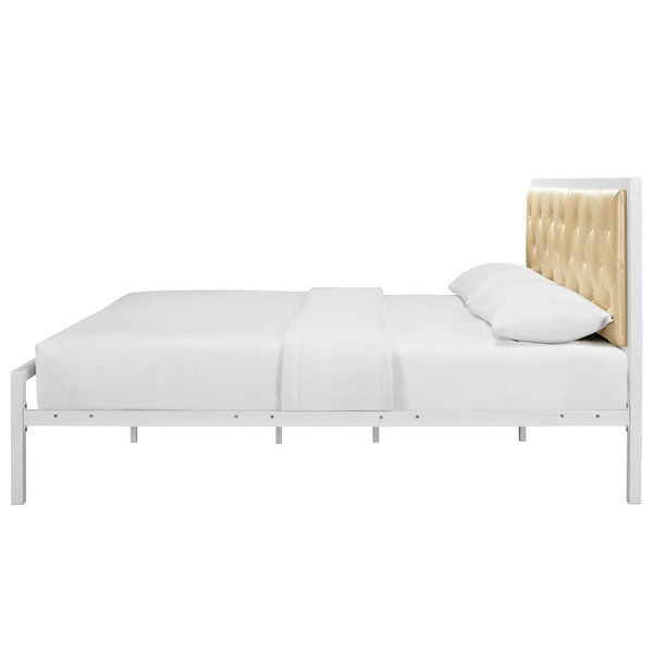 FaFurn Queen Size Platform Bed with Button Tufted Headboard - Champagne, Metal