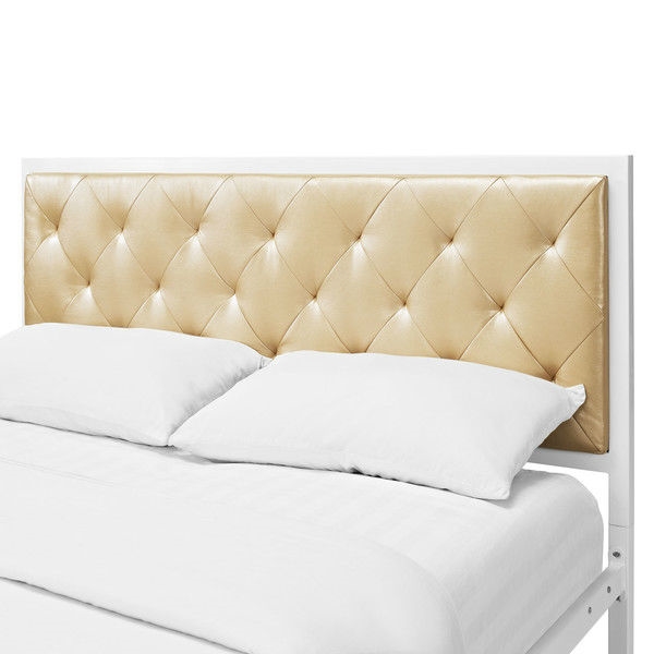 FaFurn Queen Size Platform Bed with Button Tufted Headboard - Champagne, Metal