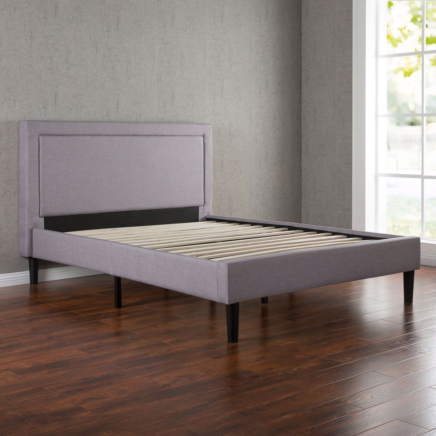 FaFurn - Queen Size Platform Bed with Upholstered Headboard and Piped Frame Detail in Gray, Wood