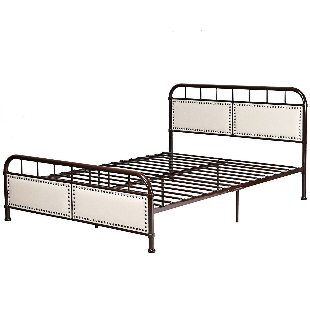 FaFurn - Queen Size Platform Bed Frame with Upholstered Panel Headboard Footboard in Dark Brown, Metal