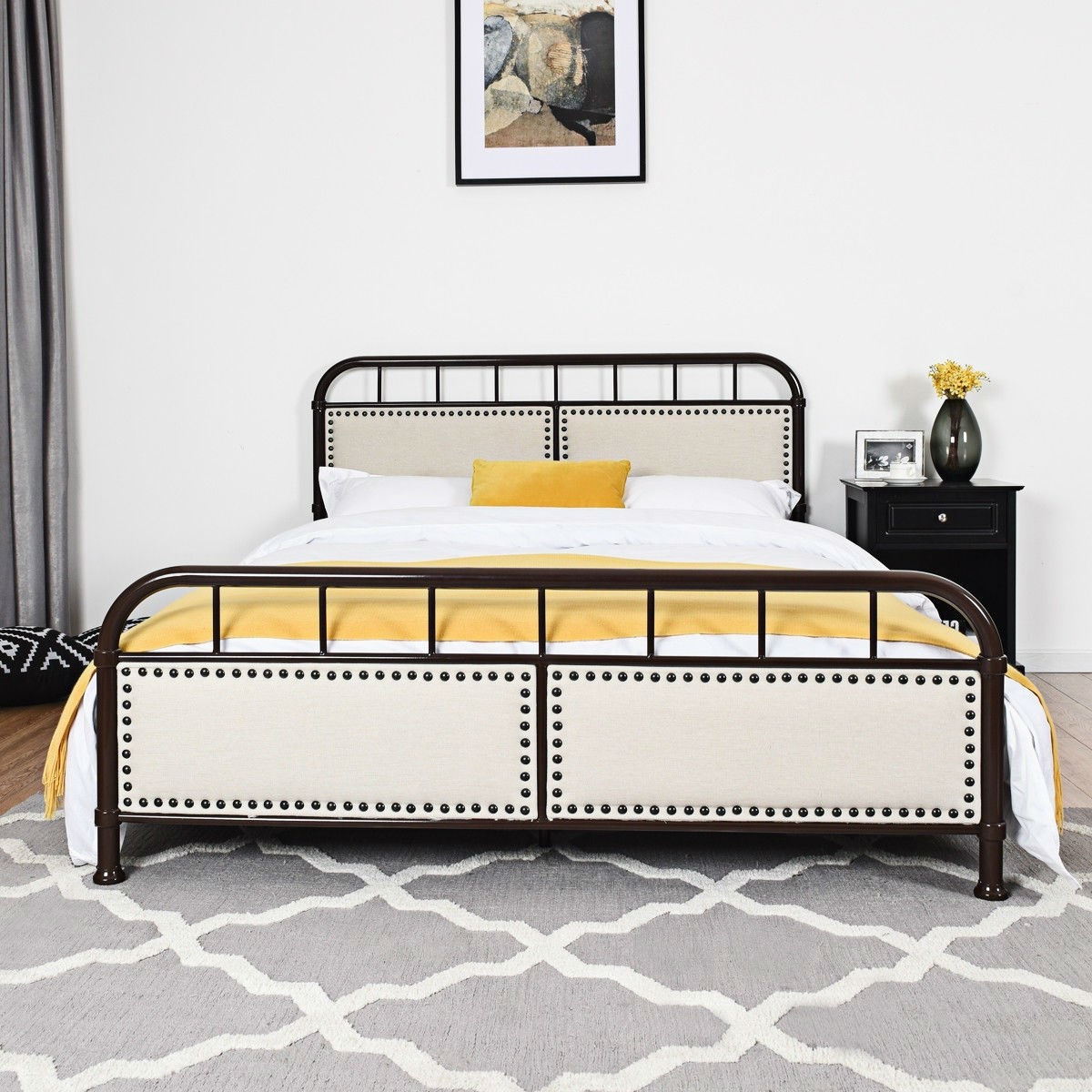 FaFurn - Queen Size Platform Bed Frame with Upholstered Panel Headboard Footboard in Dark Brown, Metal