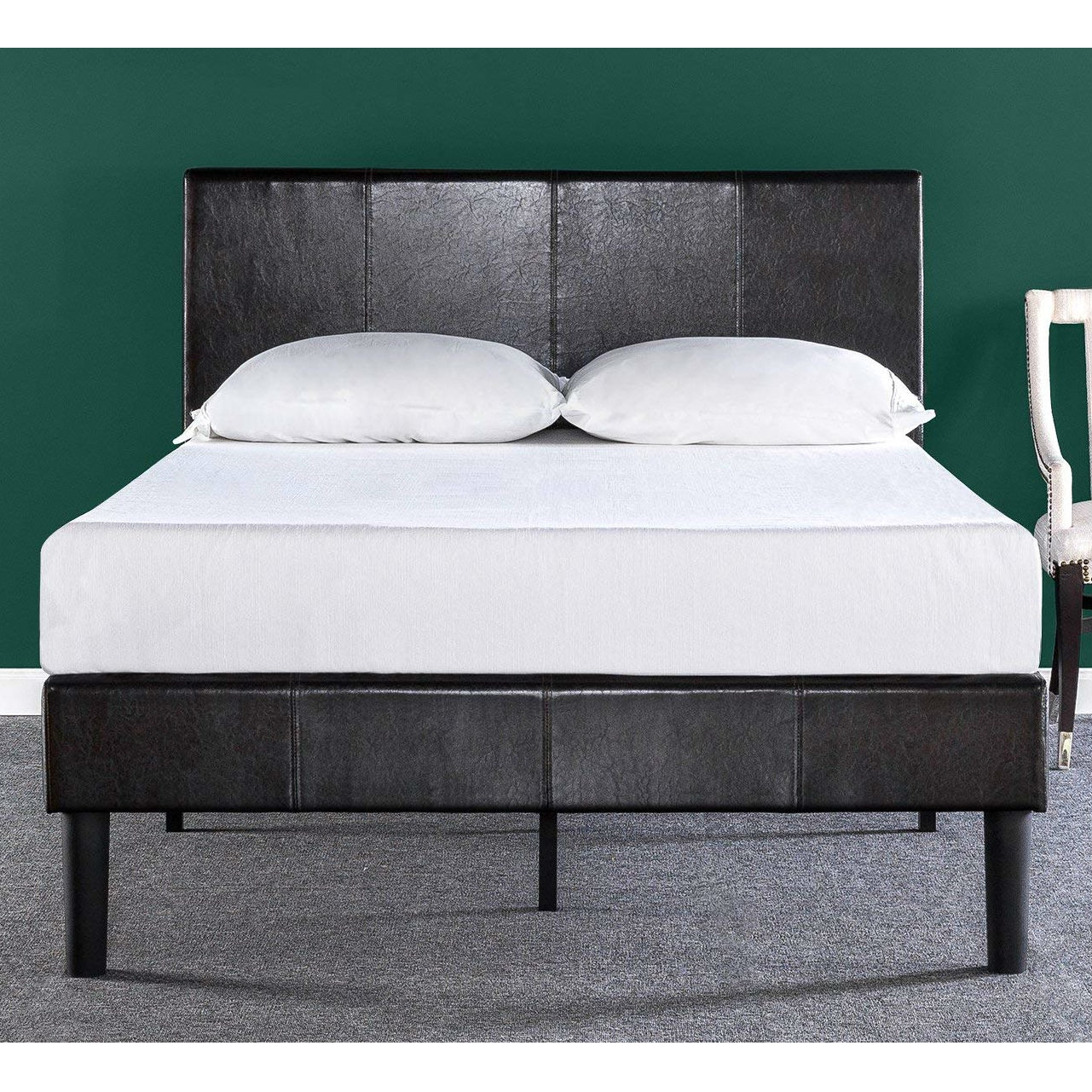 FaFurn - Queen Size Platform Bed Frame with Headboard in Espresso, Faux Leather