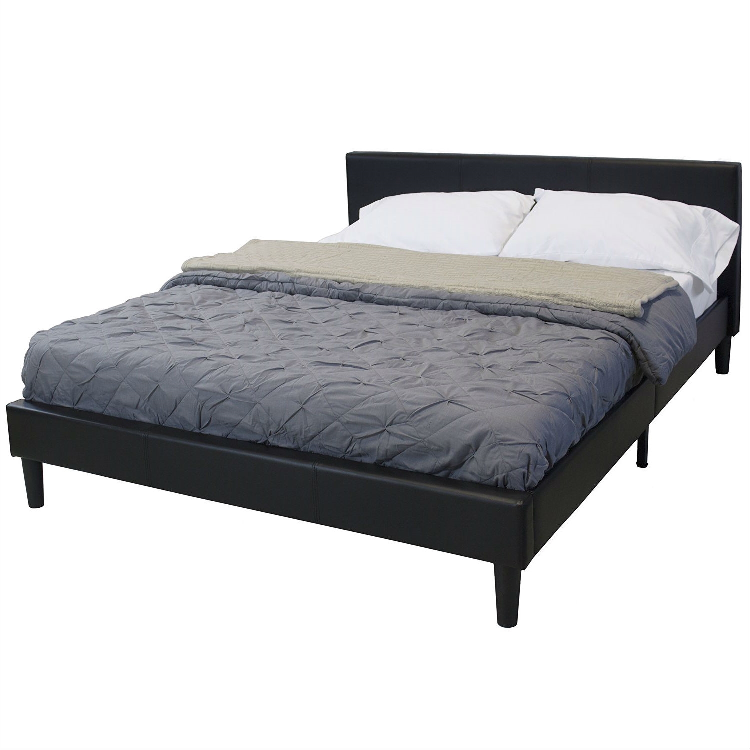 FaFurn - Queen Size Platform Bed Frame with Headboard in Black, Leather