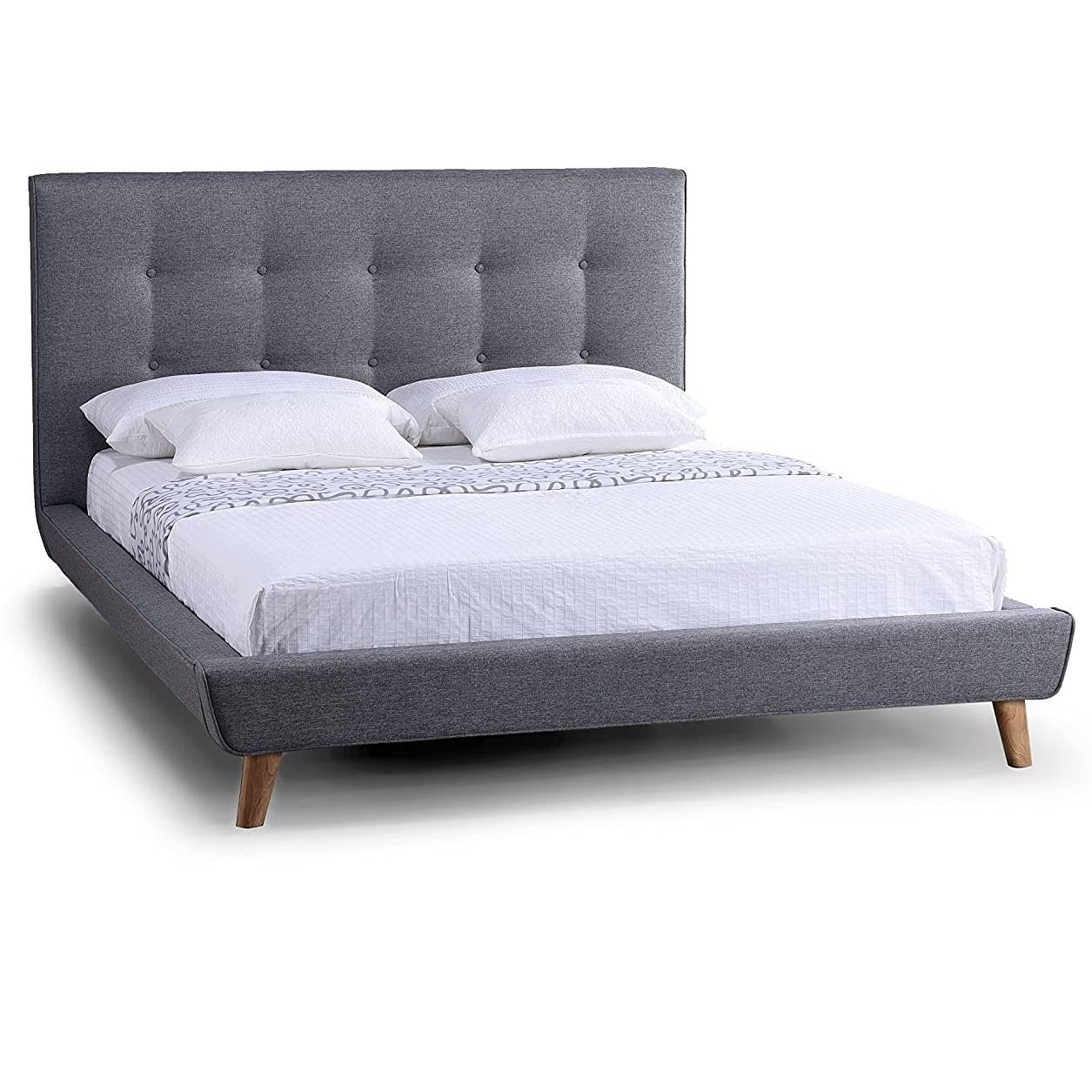 FaFurn - Queen Size Platform Bed Frame with Button Tufted Headboard in Gray