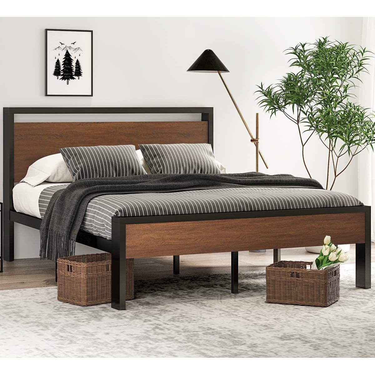 FaFurn - Queen Size Platform Bed Frame with Wood Panel Headboard/Footboard in Walnut, Metal