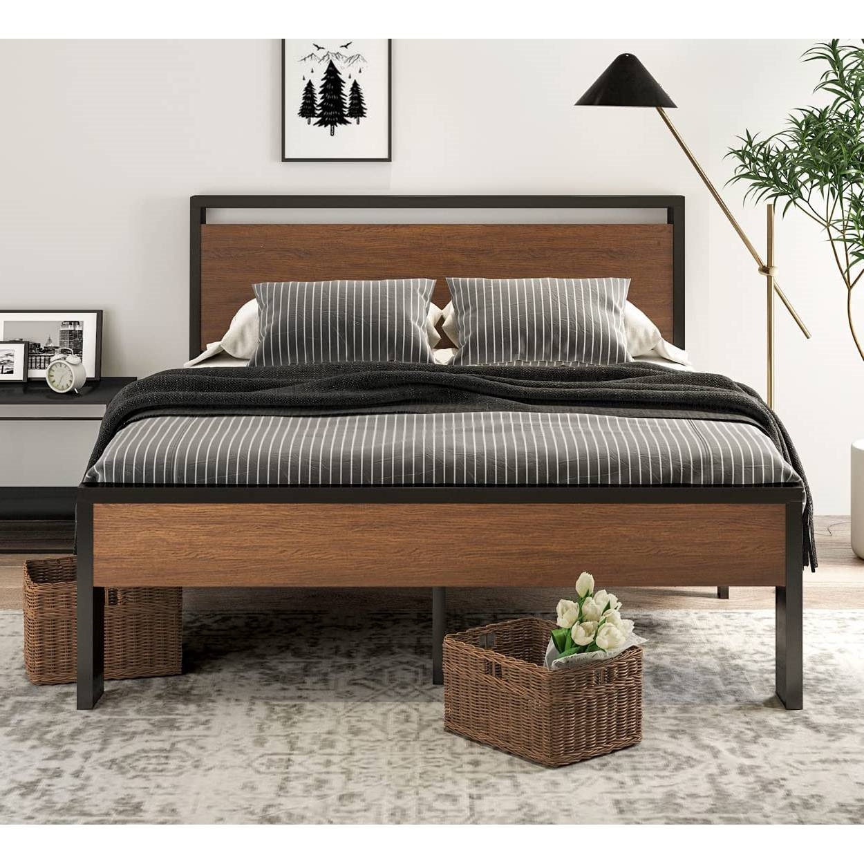 FaFurn - Queen Size Platform Bed Frame with Wood Panel Headboard/Footboard in Walnut, Metal