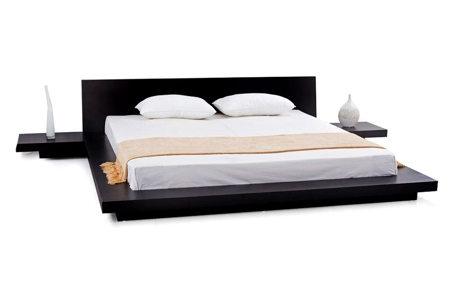 FaFurn™ Modern Japanese Style Platform Bed with Headboard and 2 Nightstands - Espresso, Queen Size