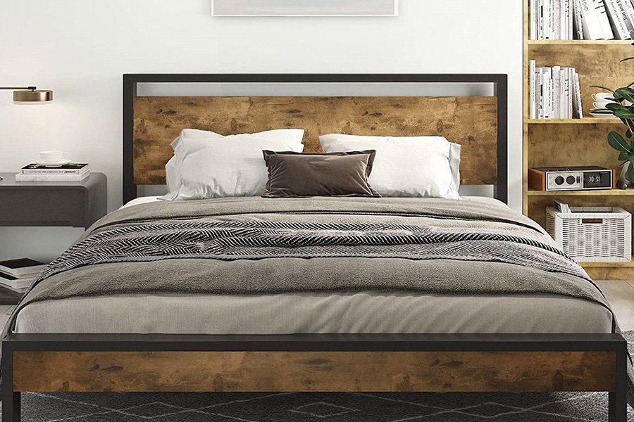 FaFurn Modern Farmhouse Platform Bed Frame with Wood Panel Headboard Footboard - Wood/Black, Queen Size