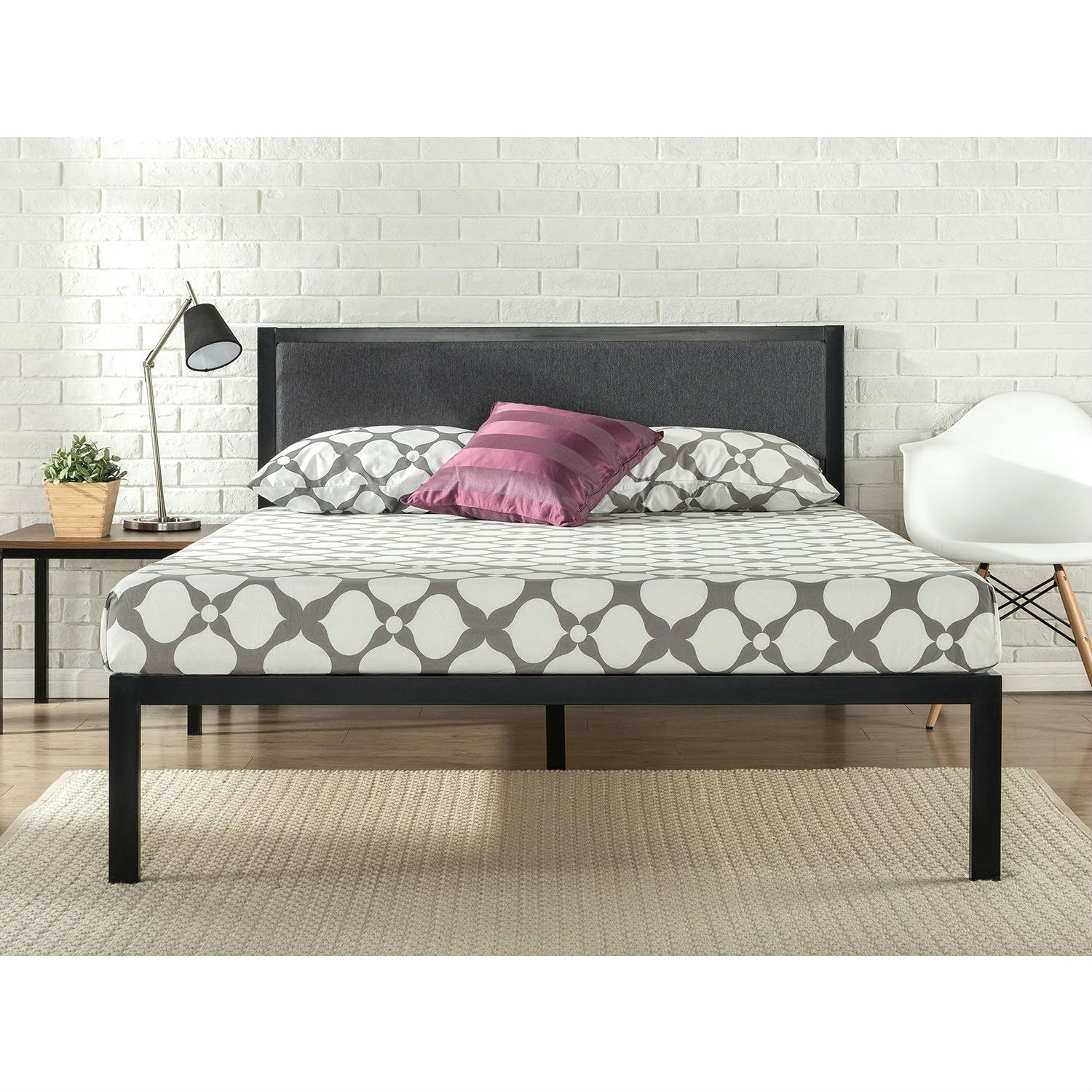 FaFurn - Queen Size Platform Bed Frame with Wood Slats and Upholstered Headboard in Metal