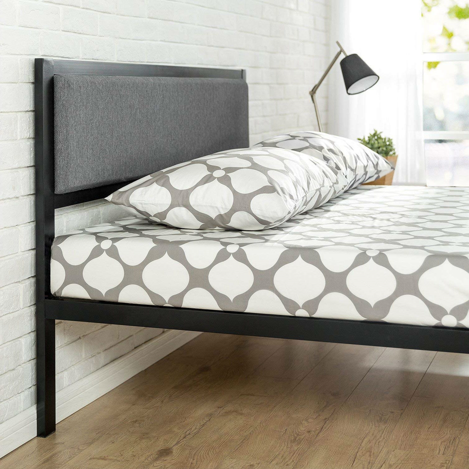 FaFurn - Queen Size Platform Bed Frame with Wood Slats and Upholstered Headboard in Metal