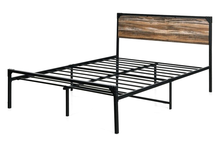 FaFurn Rustic Farmhome Metal Wood Platform Bed Frame - Queen Size