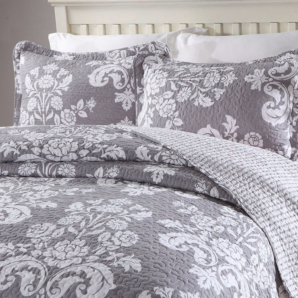 FaFurn - 3-Piece Queen Size Bedspread Set with Floral Pattern in Gray, Cotton