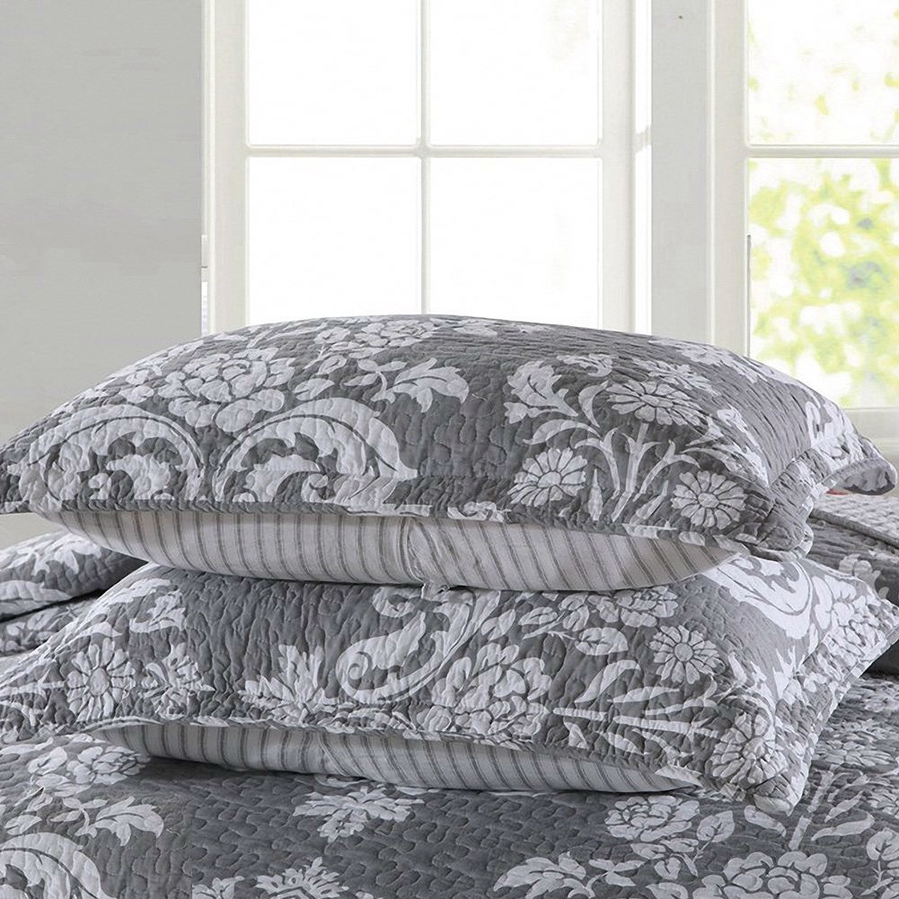 FaFurn - 3-Piece Queen Size Bedspread Set with Floral Pattern in Gray, Cotton