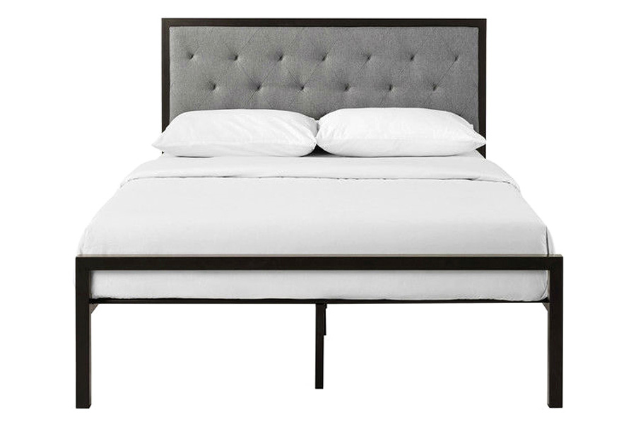 FaFurn - Queen Size Contemporary Metal Platform Bed with Gray Upholstered Headboard