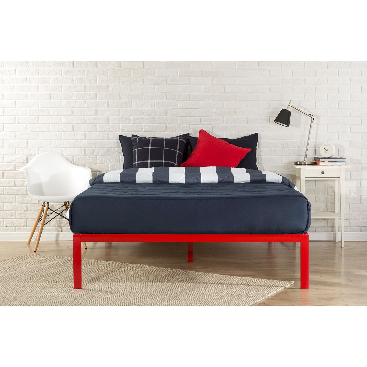 FaFurn - Queen Size Platform Bed Frame with Wooden Slats in Red, Metal