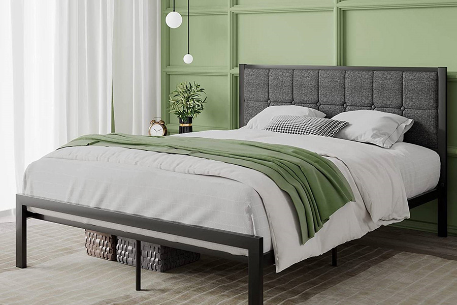 FaFurn Metal Platform Bed Frame with Button Tufted Upholstered Headboard - Queen Size