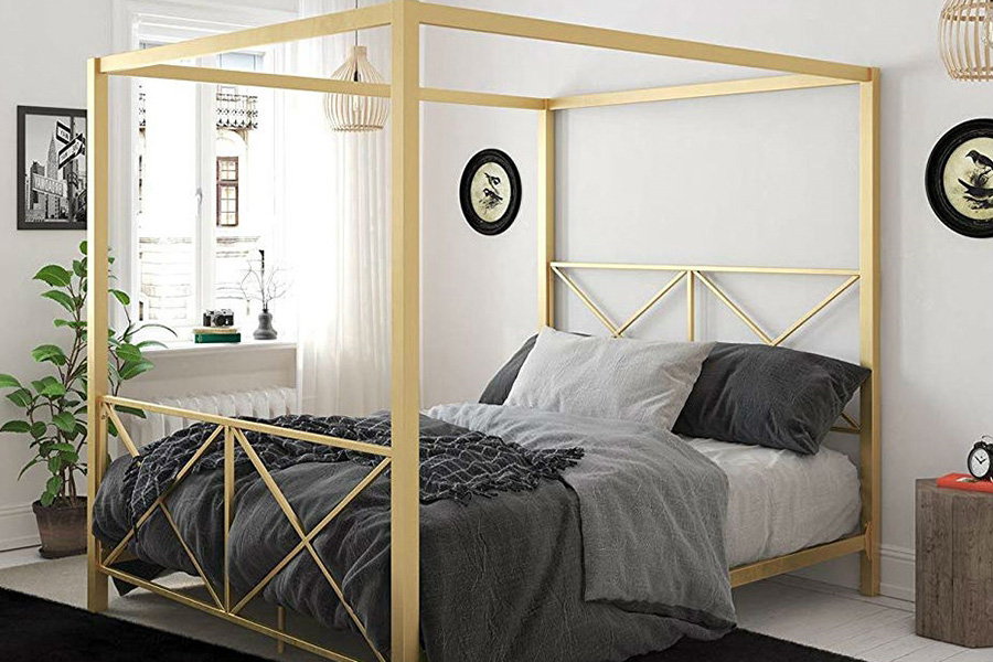 FaFurn Queen Size Modern Metal Canopy Bed Frame with Headboard and Footboard - Gold