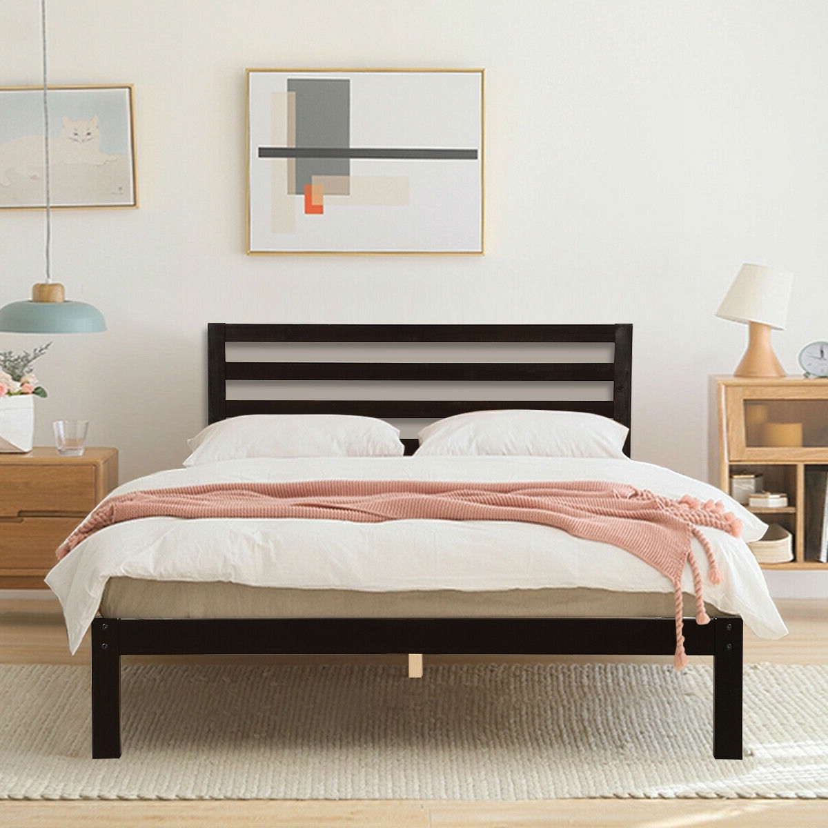 FaFurn - Queen Size Platform Bed Frame with Headboard in Espresso, Wood