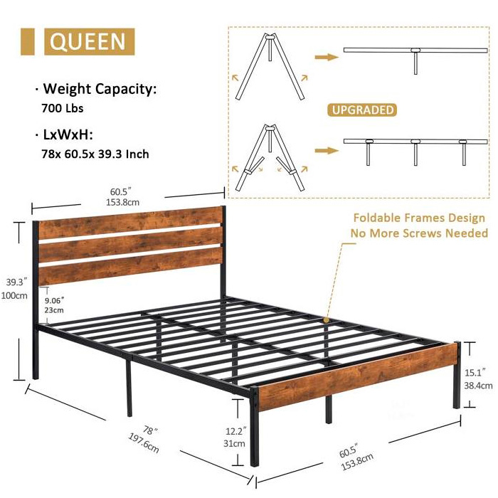 FaFurn Industrial Queen Size Platform Bed with Wood Slatted Headboard - Brown, Wood