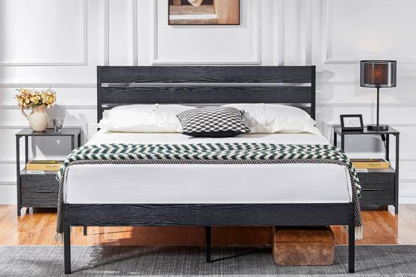 FaFurn - Industrial Platform Bed with Wood Slatted Headboard (BLBDK547931)