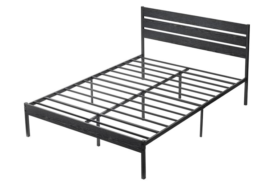 FaFurn Industrial Queen Size Platform Bed with Wood Slatted Headboard - Black, Wood