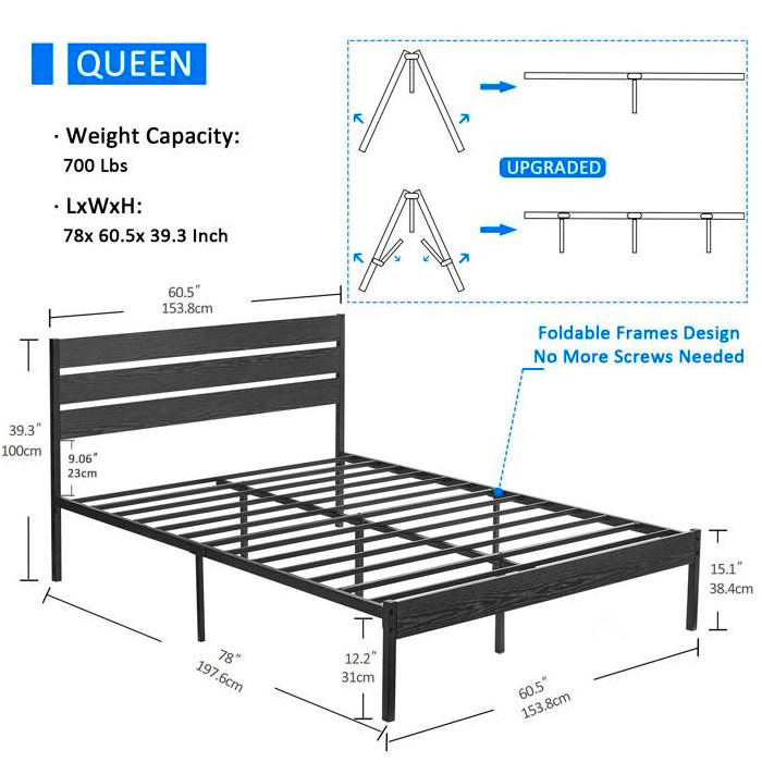 FaFurn Industrial Queen Size Platform Bed with Wood Slatted Headboard - Black, Wood