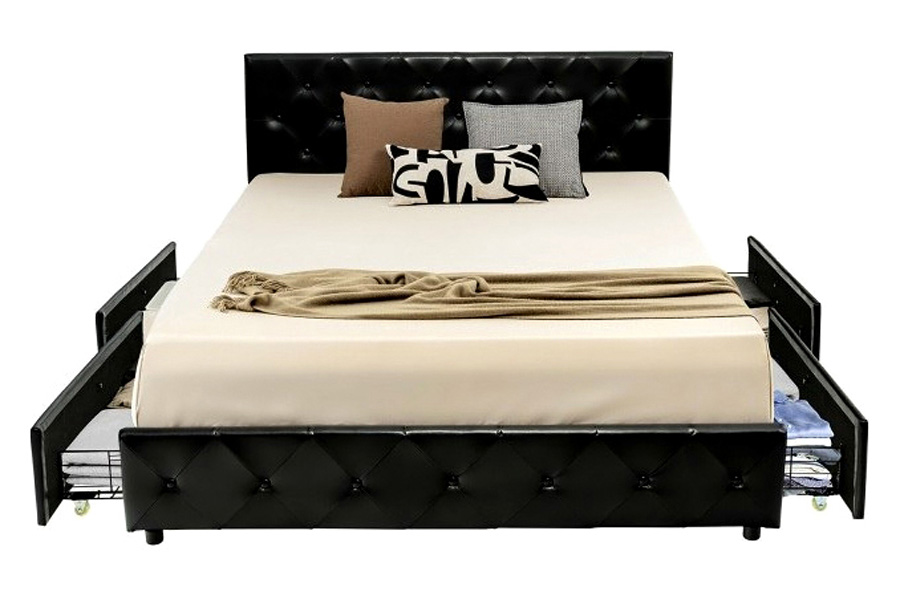 FaFurn Pu Leather Button Tufted Platform Bed with 4 Storage Drawers - Black, Queen Size