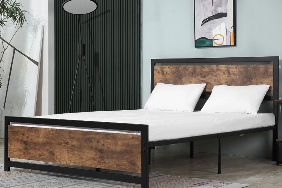 FaFurn - Queen Size Farmhouse Metal Wood Platform Bed Headboard Footboard