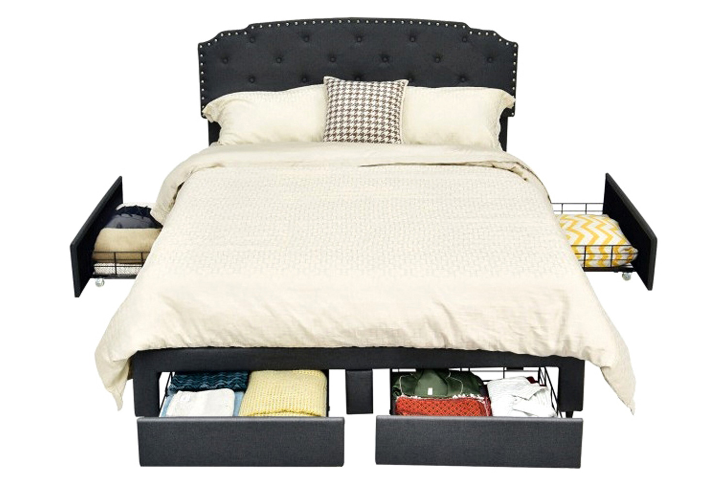 FaFurn - Linen Adjustable Headboard 4 Drawer Storage Platform Bed