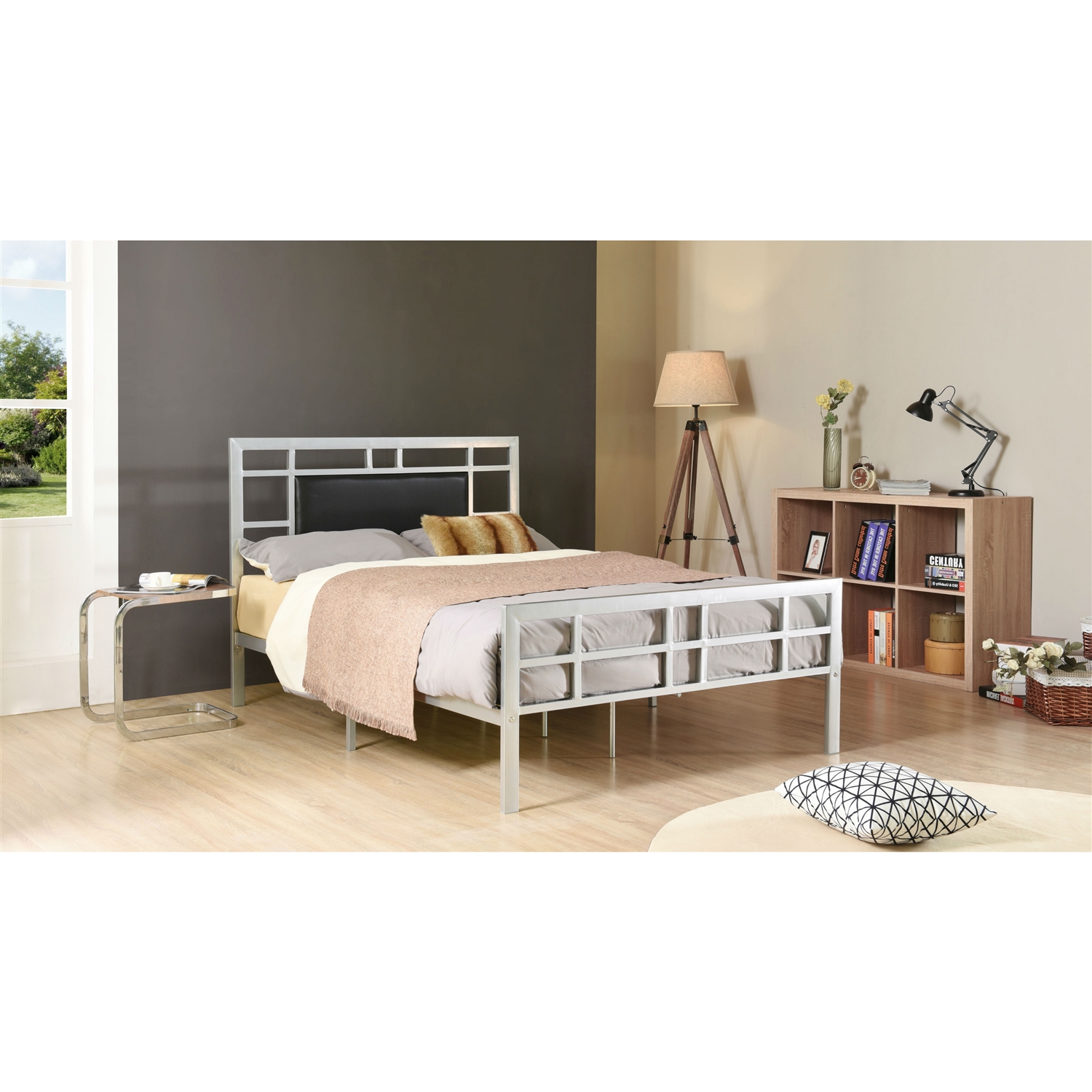 FaFurn - Queen Size Platform Bed Frame with Upholstered Headboard in Metal