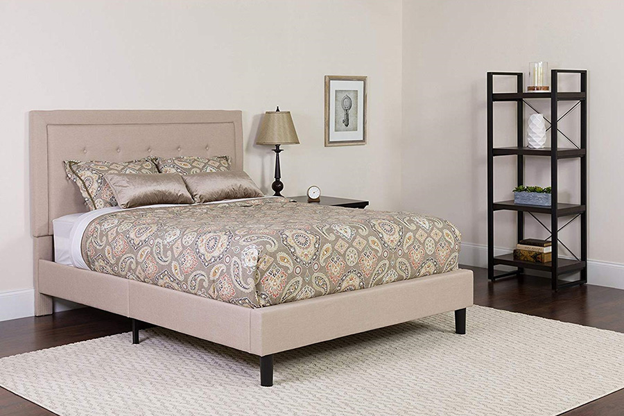 FaFurn Upholstered Platform Bed Frame with Button Tufted Headboard - Beige, Queen Size